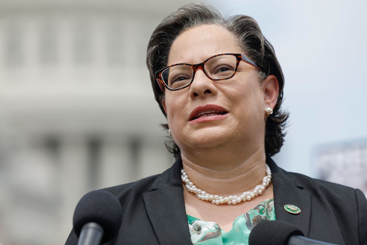 Rep. Jennifer McClellan speaks at a press conference in Washington, DC, in July 2023. 