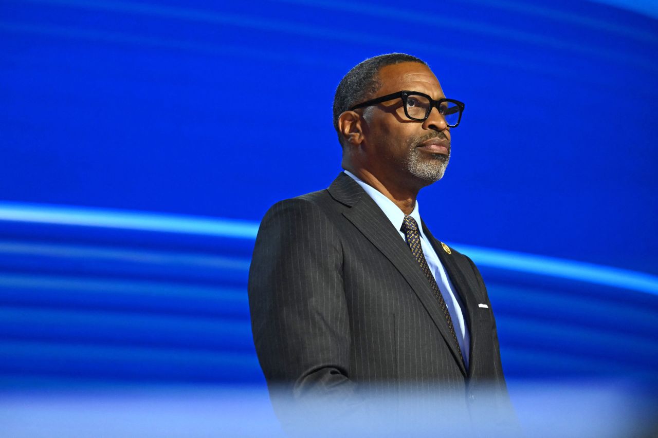 Derrick Johnson, President and CEO of the National Association for the Advancement of Colored People (NAACP), looks on on the first day of the Democratic National Convention (DNC) at the United Center in Chicago, on August 19.