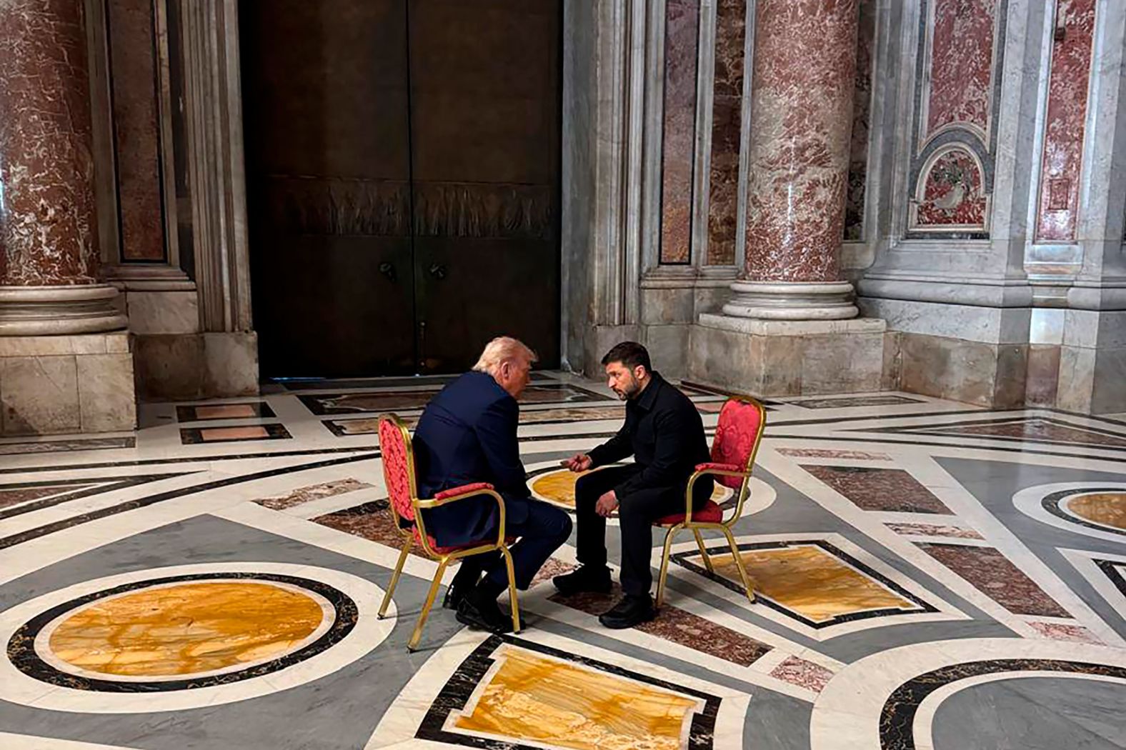 US President Donald Trump, left, and Ukrainian President Volodymyr Zelensky <a href="https://www.cnn.com/2025/04/26/europe/zelensky-trump-talks-pope-funeral-intl/index.html">talk at the Vatican</a> before the funeral of Pope Francis on Saturday, April 26. It was their first face-to-face encounter since <a href="https://www.cnn.com/2025/02/28/politics/trump-zelensky-vance-oval-office">their disastrous White House meeting in February</a>.