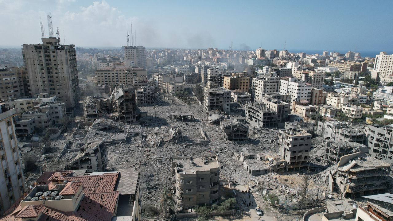 An aerial view of destroyed buildings following the Israeli airstrikes in the Al-Rimal neighborhood of Gaza City, Gaza, on October 12.