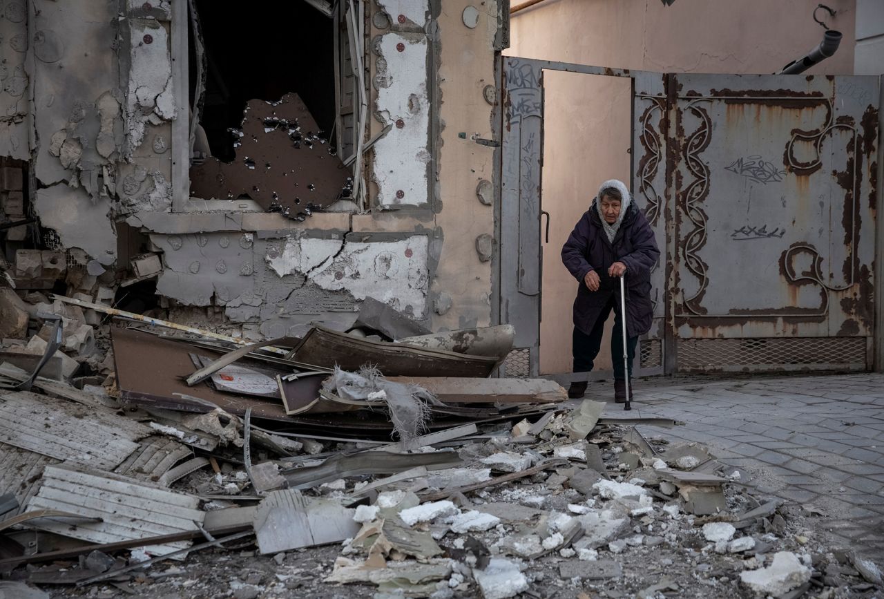 Local resident Klavdia, 82, stands near her house which was destroyed by a Russian military strike in?Kherson, Ukraine, on December 29.