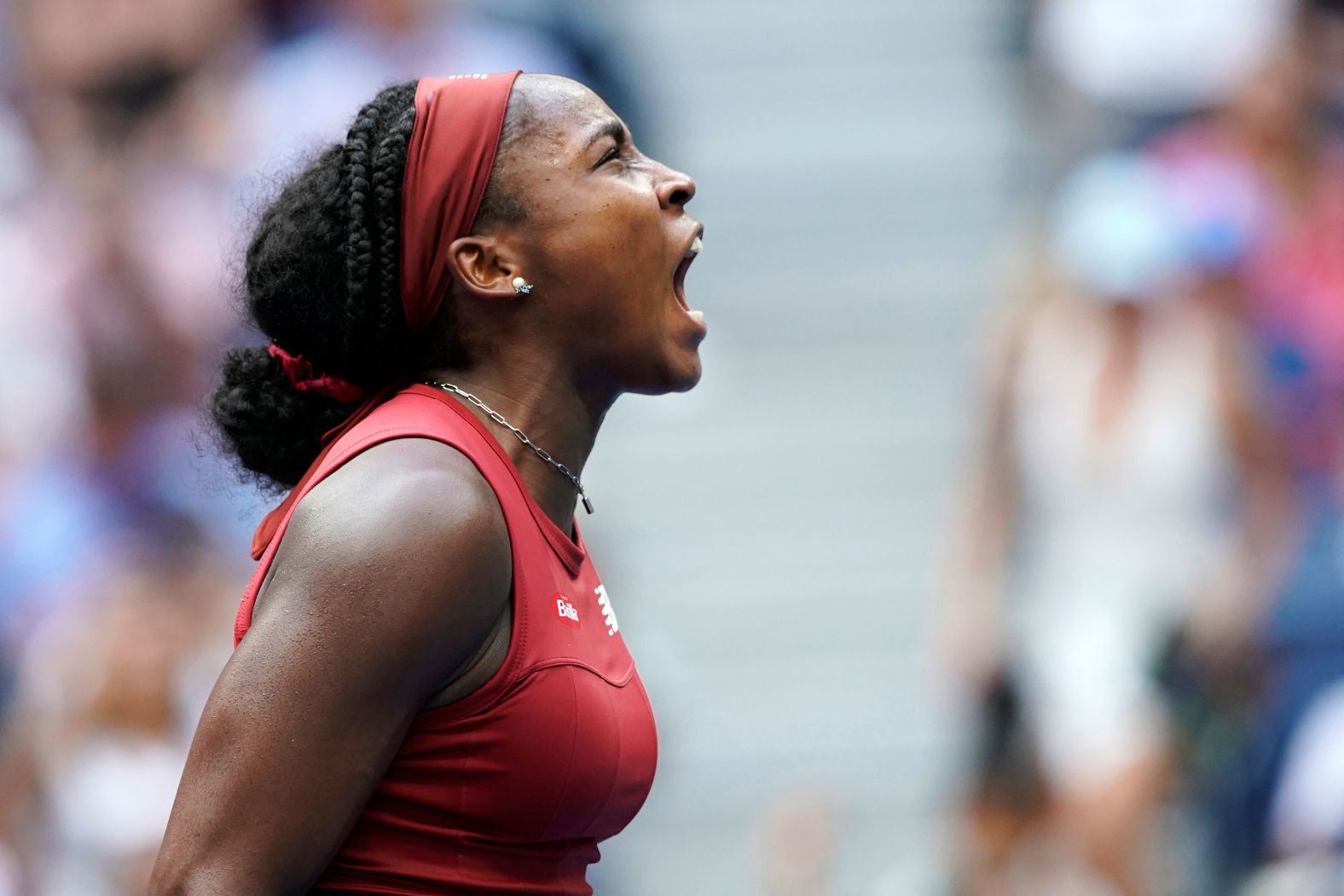 American tennis player Coco Gauff celebrates after she defeated Caroline Wozniacki in the fourth round of the US Open on Sunday, September 3.