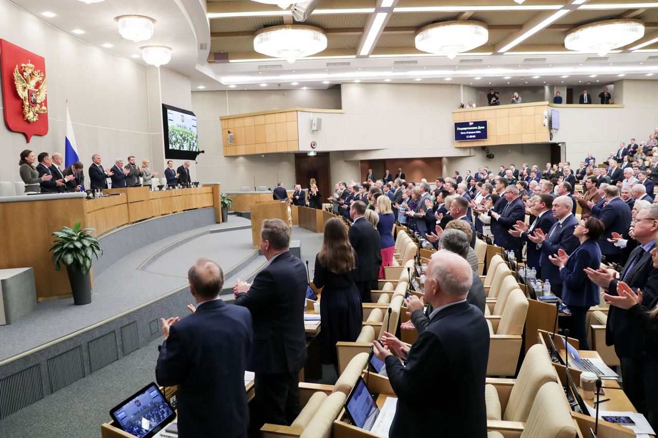 Russian lawmakers attend a session at the State Duma, the Lower House of the Russian Parliament in Moscow, Russia, on February 22.