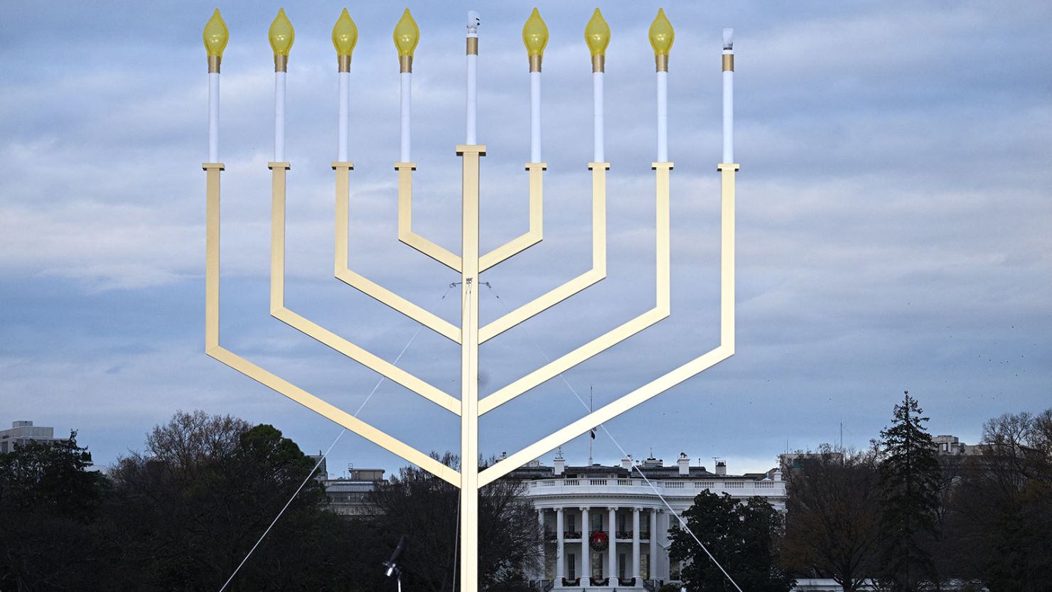 A large menorah  is seen ahead of the Annual National Menorah Lighting ceremony at the Ellipse of the White House in Washington, DC, on December 7.