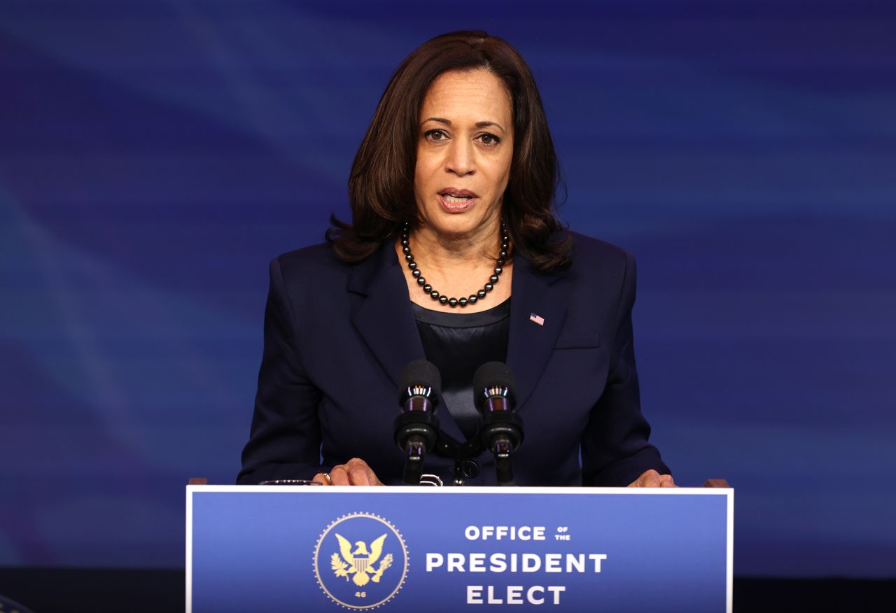 U.S. Vice President-elect Kamala Harris speaks during an event to announce new cabinet nominations at the Queen Theatre on December 11, in Wilmington, Delaware. 