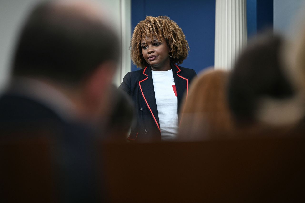 White House Press Secretary Karine Jean-Pierre looks on during the daily press briefing in the Brady Press Briefing Room of the White House in Washington, DC, on July 31.