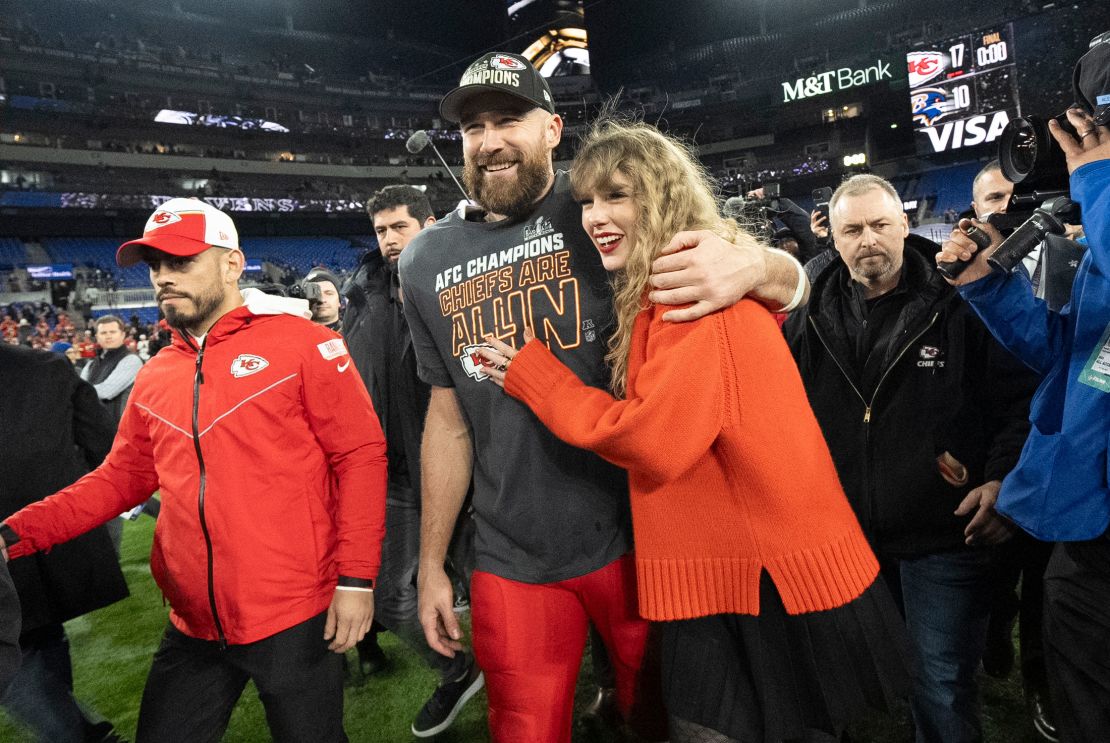 (From left) Travis Kelce and Taylor Swift at the 2023 AFC Championship football game between the Kansas City Chiefs and the Baltimore Ravens in Baltimore.
