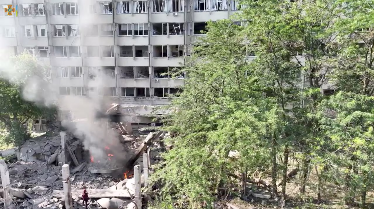 A general view of a building damaged by a Russian military strike in Mykolaiv, Ukraine, in this screen grab taken from a handout video released on July 15.