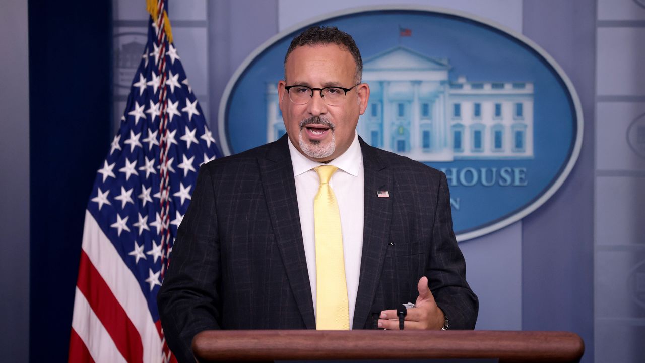 Secretary of Education Miguel Cardona answers questions during the daily briefing at the White House August 5, 2021 in Washington, DC.
