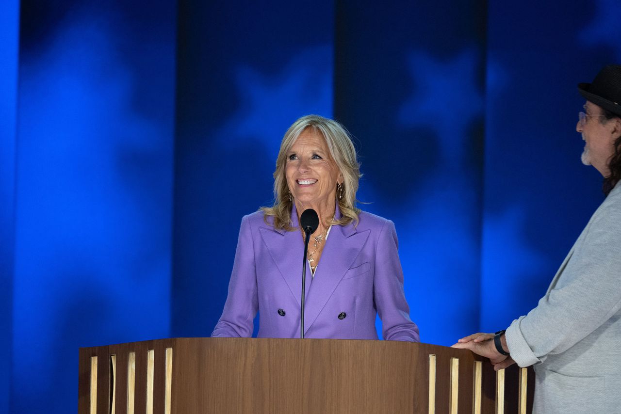 First lady Jill Biden on stage during a walk through ahead of the Democratic National Convention on Monday, August 19, in Chicago.