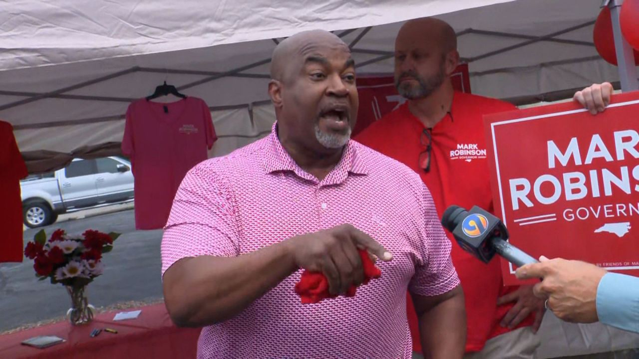 North Carolina gubernatorial nominee Mark Robinson speaks to the media Monday in Wilkesboro, North Carolina.