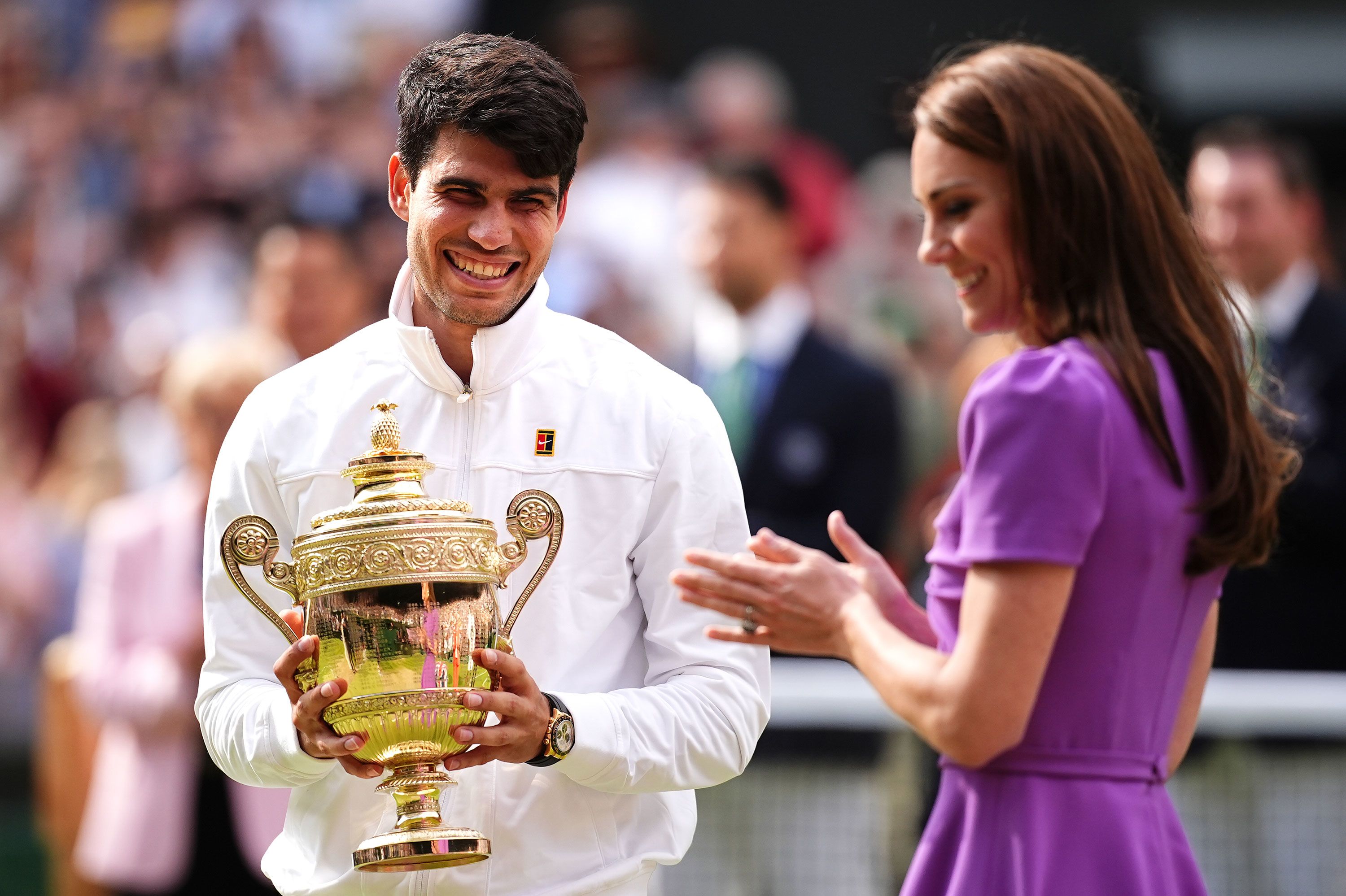 Wimbledon champion Carlos Alcaraz is presented with the trophy by Catherine, Princess of Wales after <a href="https://www.cnn.com/2024/07/14/sport/wimbledon-mens-final-alcaraz-djokovic-spt-intl/index.html">he defeated Novak Djokovic in straight sets</a> on Sunday, July 14. It was only <a href="https://www.cnn.com/2024/07/14/sport/kate-wimbledon-prince-william-euros-spt-intl-scli/index.html">Kate’s second public appearance this year</a> following her cancer diagnosis.