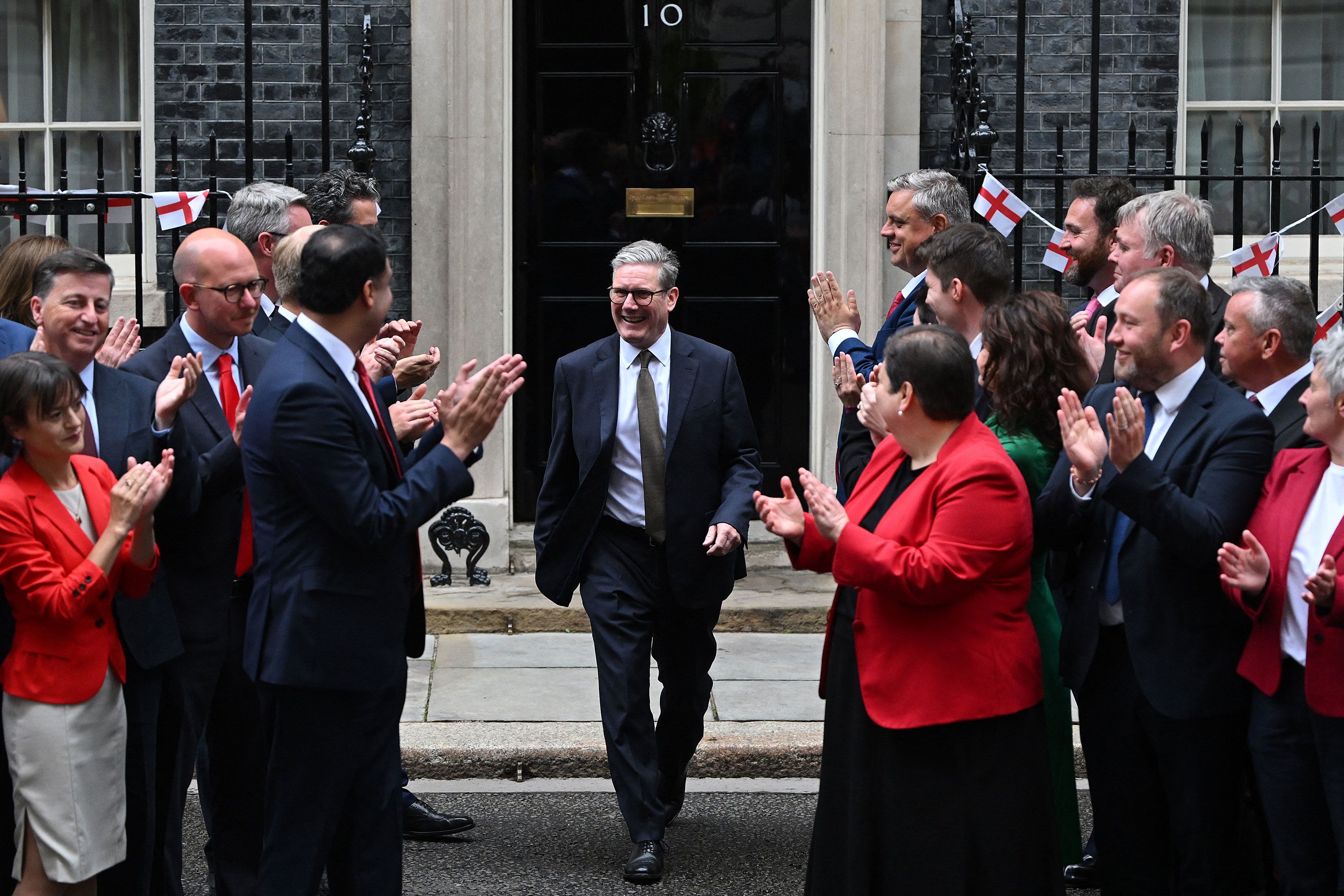 New British Prime Minister Keir Starmer steps out of No. 10 Downing Street.