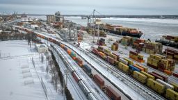 Shipping containers are seen at the Port of Montreal in Montreal, Canada, on February 2, 2025. Canada will hit back at US tariffs with 25 percent levies of its own on select American goods, Prime Minister Justin Trudeau said on February 1. "Canada will be responding to the US trade action with 25 percent tariffs against Can$155 billion ($106 billion) worth of American goods," he said in a dramatic tone as he warned of a fracture in longstanding Canada-US ties. (Photo by ANDREJ IVANOV / AFP) (Photo by ANDREJ IVANOV/AFP via Getty Images)          
