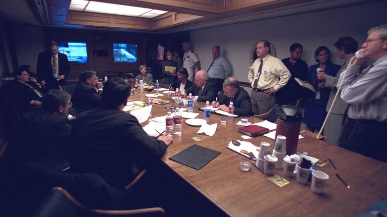 VP Dick Cheney with Senior Staff in the Presidents Emergency Operations Center on Sept. 11, 2001. The PEOC is a bunker beneath the East Wing of the White House to shelter the President and provide communications.