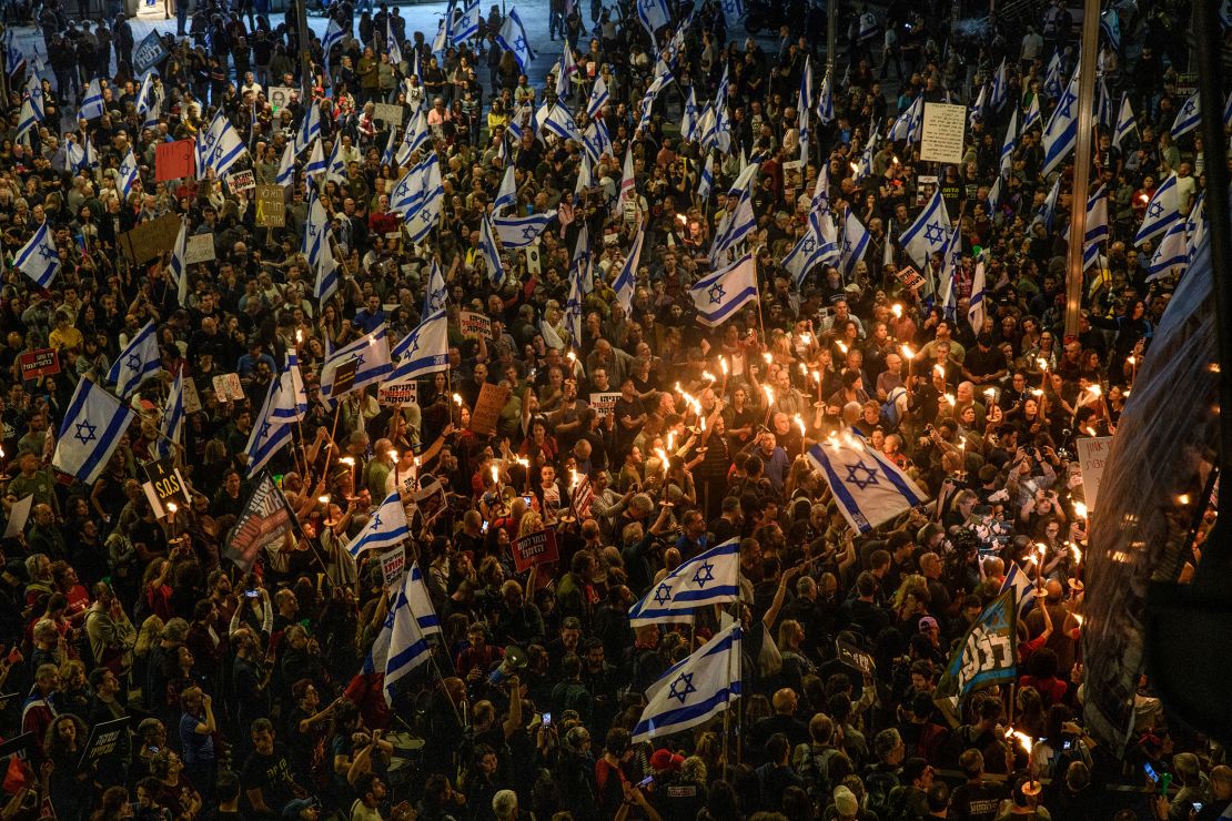 Tens of thousands of Israelis demonstrate with the hostages families against Prime Minister Benjamin Netanyahu in Tel Aviv, demanding an immediate hostage deal and general elections, in Tel Aviv, Israel on April 6.