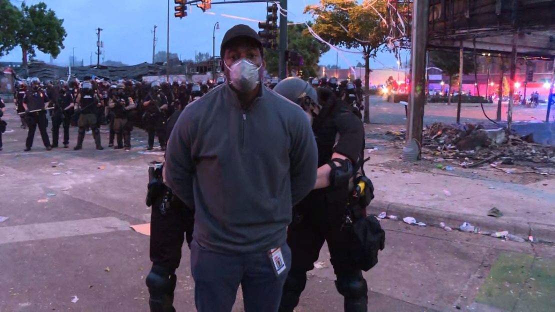CNN journalist Omar Jimenez is arrested while covering a protest in Minneapolis, Minnesota, on May 29, 2020.