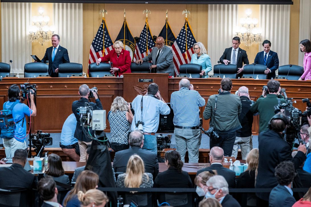 Then-Rep. Schiff, left, and the other members of the House Select Committee tasked with investigating the January 6 attack on the Capitol arrive for a hearing in June 2022.