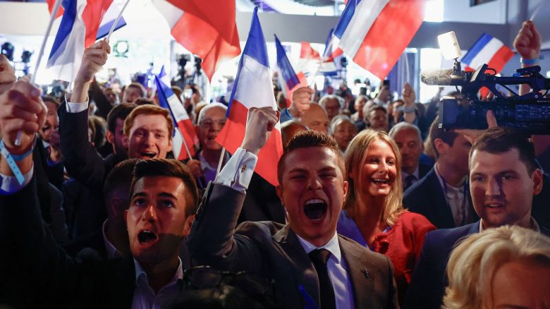 Supporters of the French far-right National Rally (Rassemblement National - RN) party react after the polls closed during the European Parliament elections, in Paris, France, June 9, 2024. REUTERS/Sarah Meyssonnier