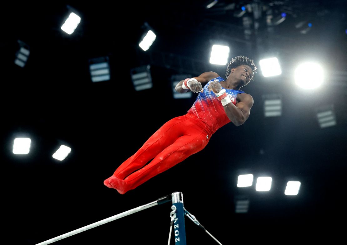 Richard in action on the horizontal bar in Paris.