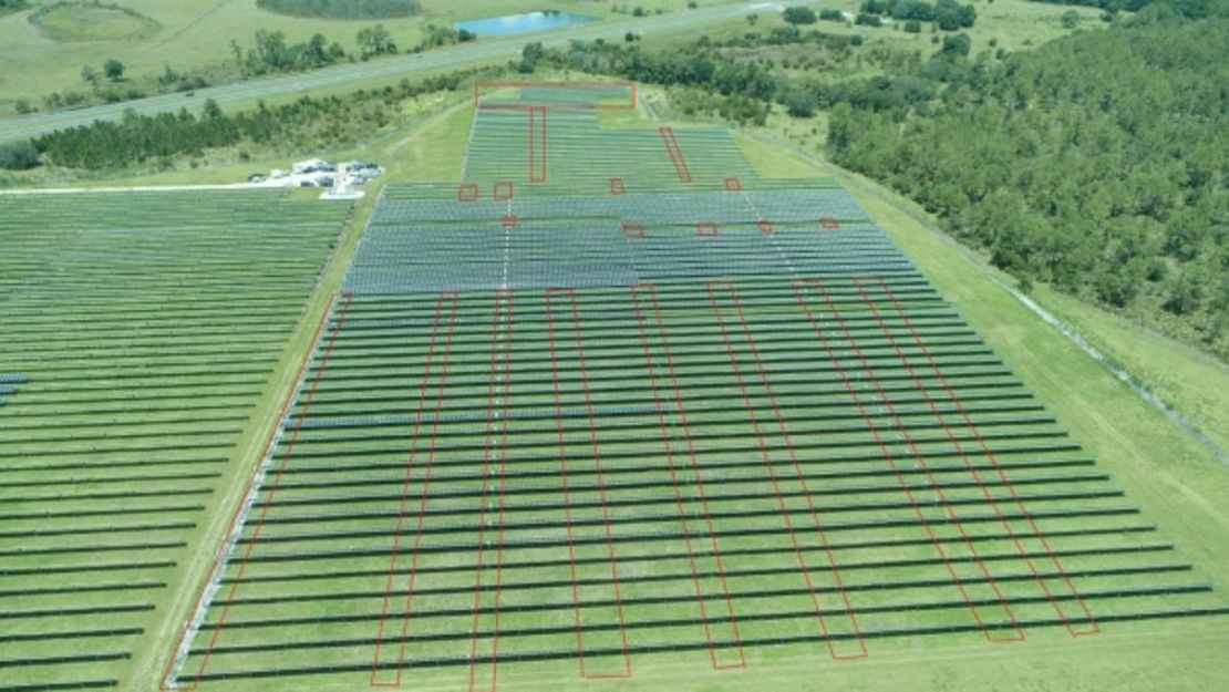 Aerial photo of the solar panel field Hnaihen allegedly attacked with targeted panel areas outlined in red.