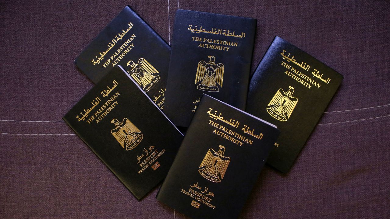 Palestinian passports are displayed in Obour City, Egypt, on July 15, 2025.