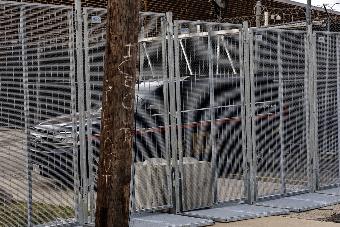 An ICE branded vehicle sits behind security fencing at the Broadview ICE processing facility, on September 23.