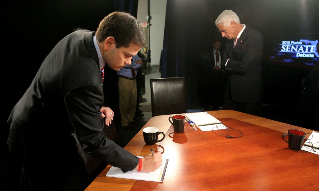 Then US-Senate candidates Marco Rubio, left, and Charlie Crist wait on Kendrick Meek to arrive before the start of their debate, at the studios of WFTV, Wednesday, October 6, 2010 in Orlando, Florida.