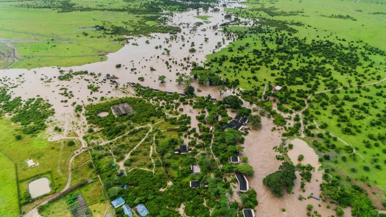 Aerial view of flooded Maasai Mara National Reserve, that left dozens of tourists stranded in Narok County, Kenya, Wednesday, May 1, 2024. Kenya, along with other parts of East Africa, has been overwhelmed by flooding. (AP Photo/Bobby Neptune)