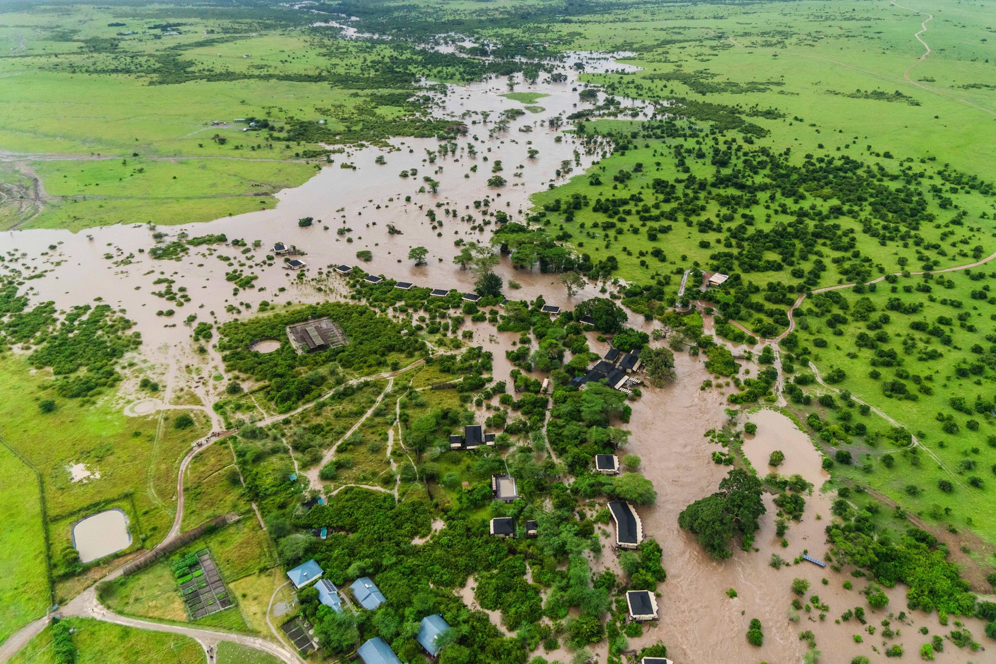 An aerial view of the flooded Maasai Mara National Reserve in Kenya on May 1.
