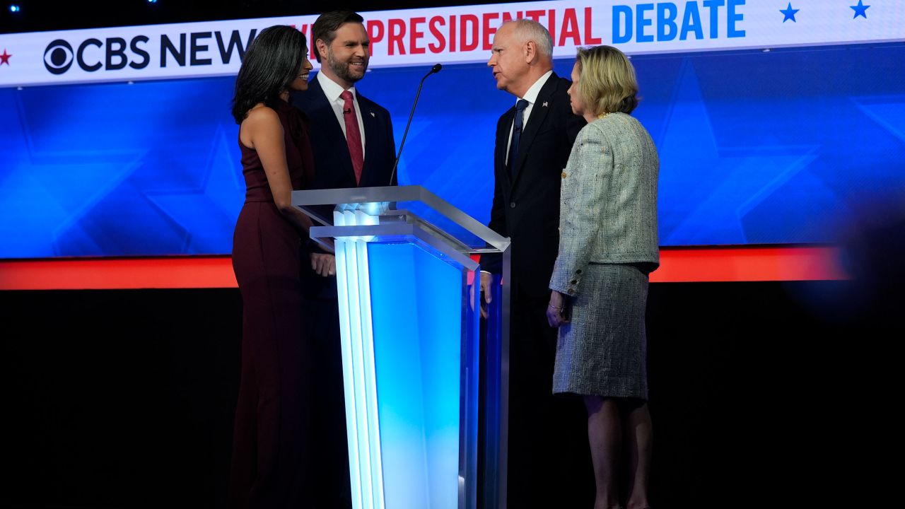 Vance and his wife Usha Vance talk with Walz and his wife Gwen Walz after the vice presidential debate hosted by CBS News on Tuesday in New York.