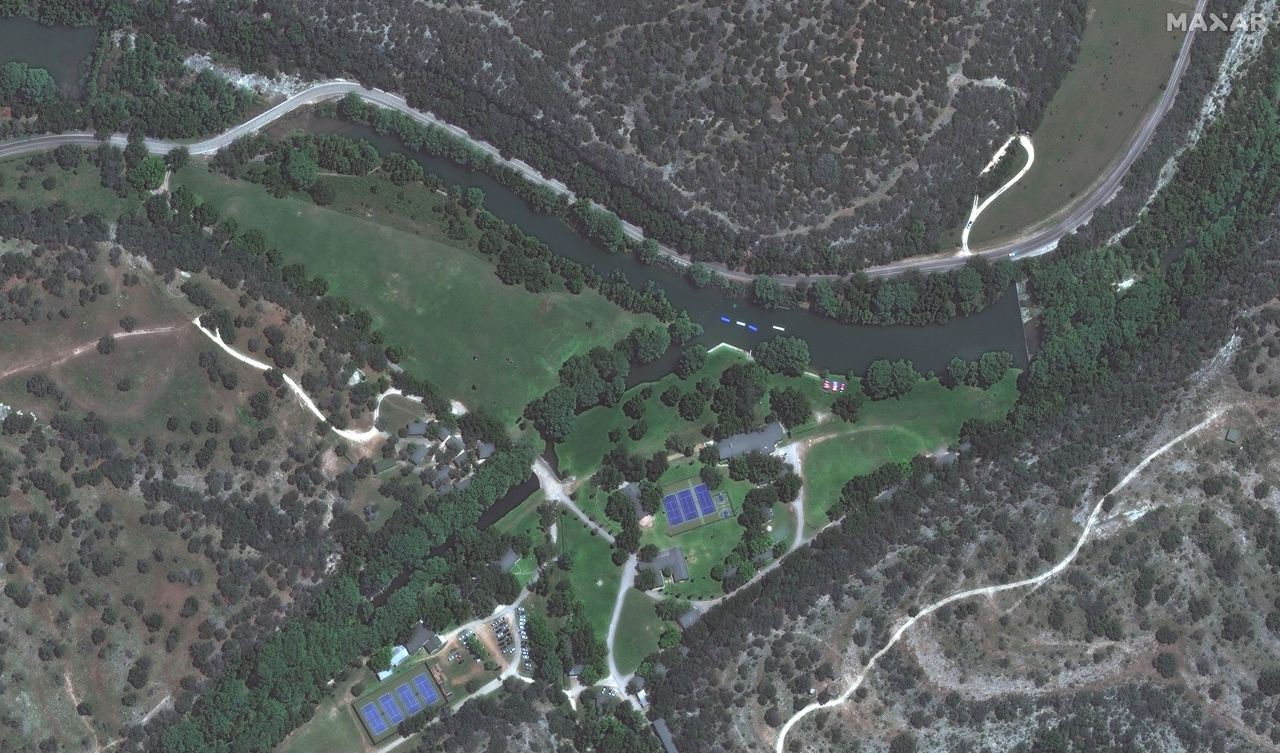 A satellite image of Camp Mystic in Hunt, Texas, on June 23, 2023.