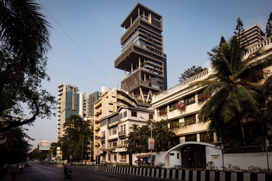 The Antilia, residence of the Ambani family, is seen in Mumbai on April 17, 2024.