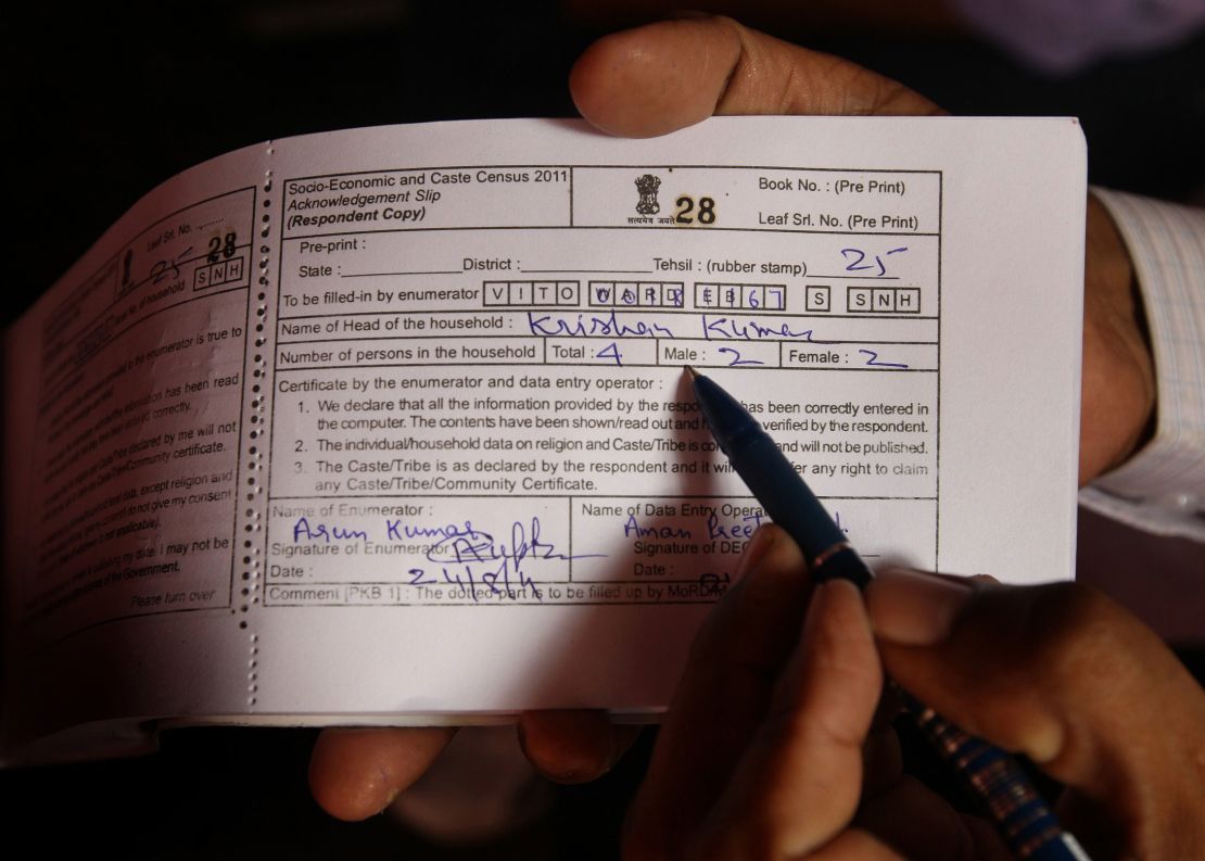 An example of the receipt given to participants in the caste survey in India, seen in 2011.