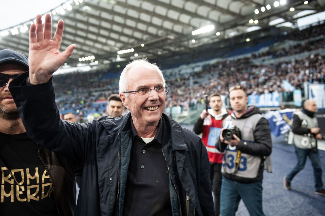 Eriksson greets fans during a match between Lazio and Roma in March last year.