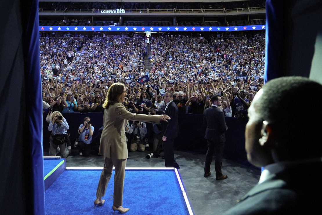 Harris arrives onstage during a campaign event at Desert Diamond Arena in Glendale, Arizona, on August 9, 2024.