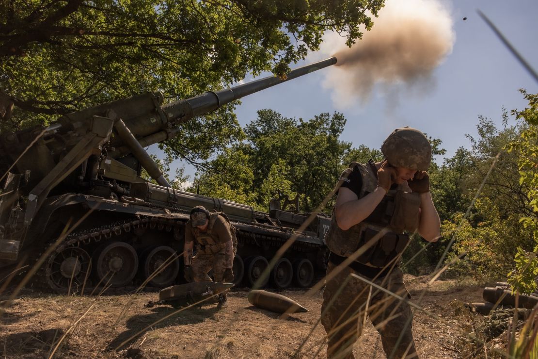 Ukrainian servicemen of the 43rd Artillery Brigade fire toward Russian positions, in an undisclosed area in the Pokrovsk district, in the eastern Donetsk region, on August 8, 2024.