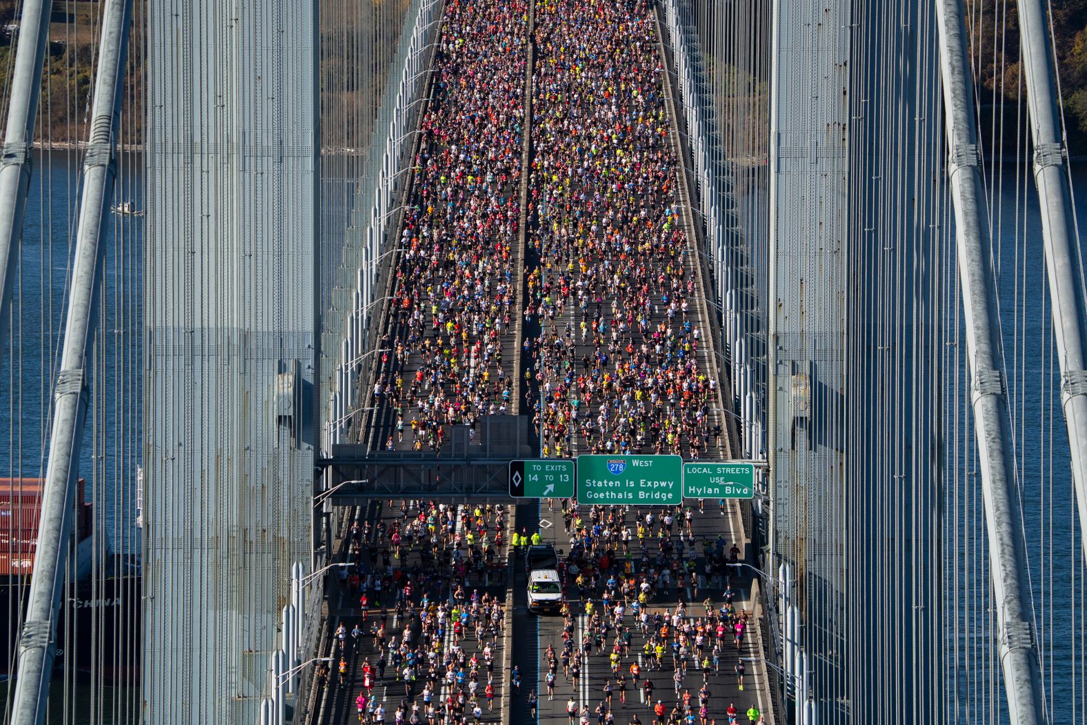 Runners cross the Verrazzano-Narrows Bridge during the New York City Marathon on Sunday, November 3.