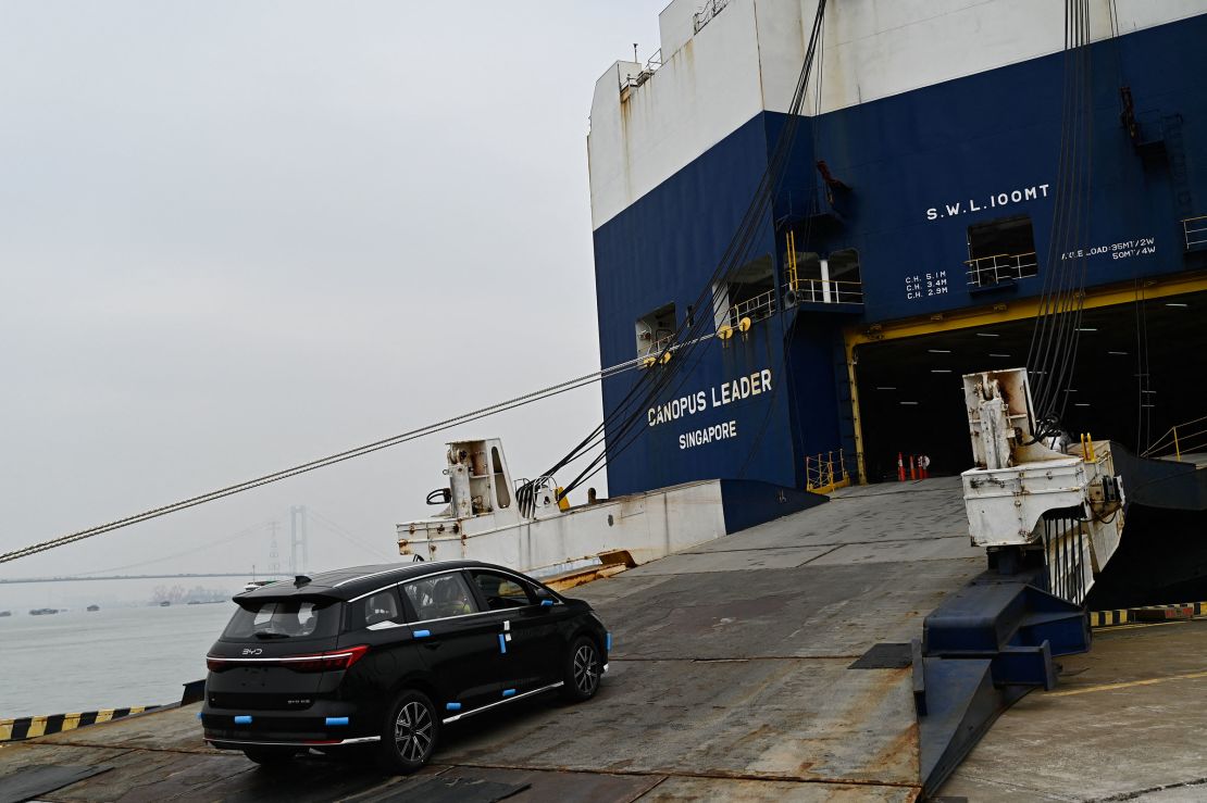 An electric vehicle by Chinese manufacturer BYD is loaded on a ship in the southeastern Chinese port city of Guangzhou last month.