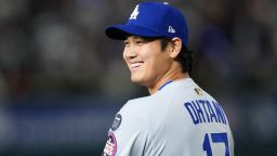 TOKYO, JAPAN - MARCH 18: Shohei Ohtani #17 of the Los Angeles Dodgers smiles prior to the MLB Tokyo Series game against Chicago Cubs at Tokyo Dome on March 18, 2025 in Tokyo, Japan. (Photo by Masterpress/Getty Images)