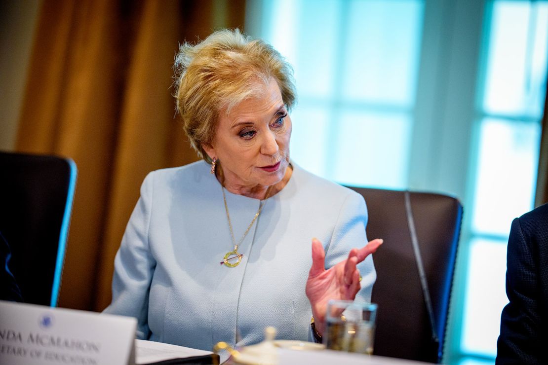 Minister of Education Linda McMahon speaks on April 30 during a cabinet seat in the White House.