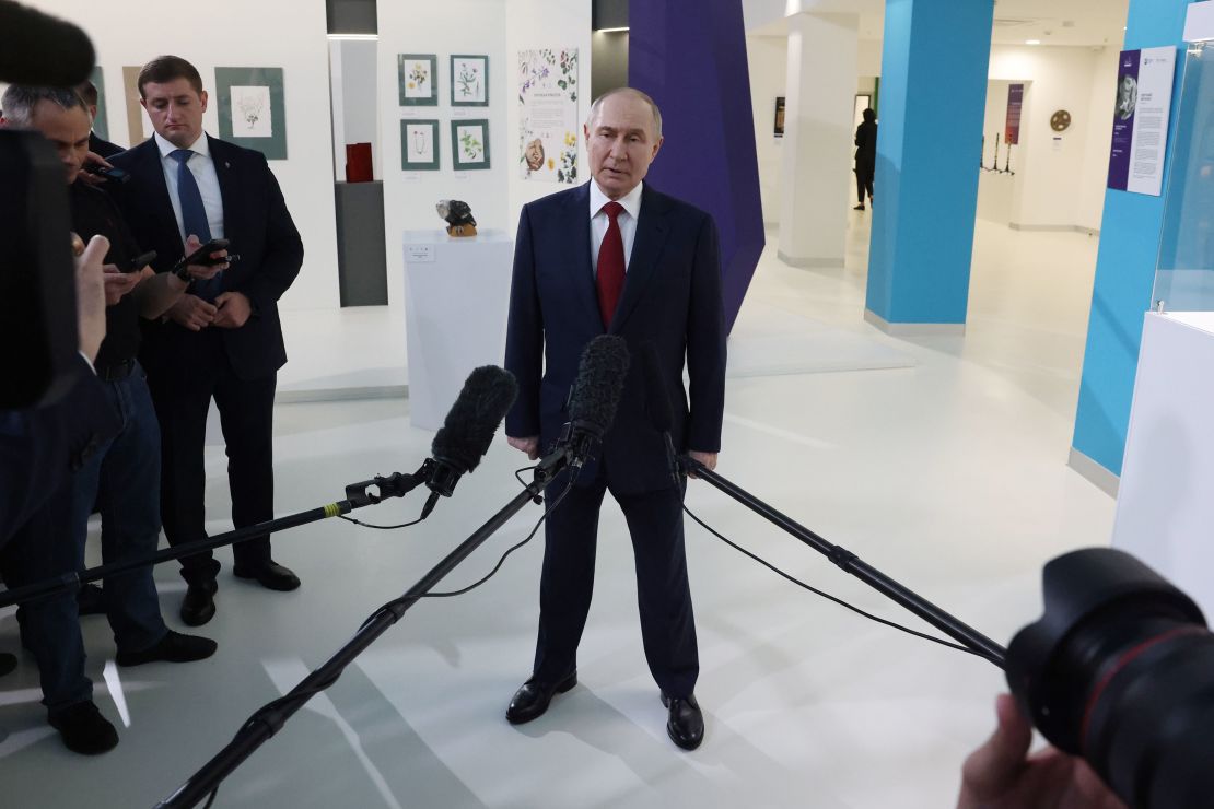 Russian President Vladimir Putin makes a statement after his telephone call with US President Donald Trump at the Sirius Education Center For Talented Children in Sirius, Russia, on Monday.