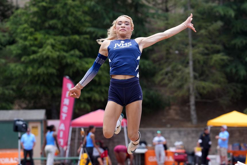 A.B. Hernandez competing at the CIF Southern Section Masters Meet at Moorpark High School on May 24, 2025 in Moorpark, California.