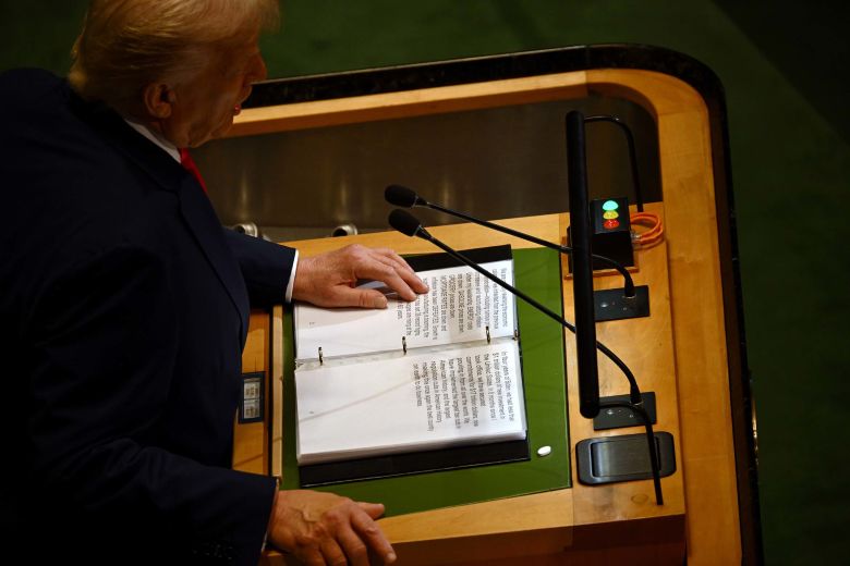 Trump reads notes during his speech at the UNGA.