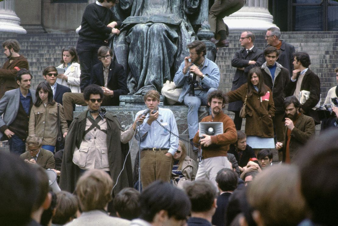 Activist Mark Rudd, center, president of Students for a Democratic Society, addresses students at Columbia University on May 3, 1968.
