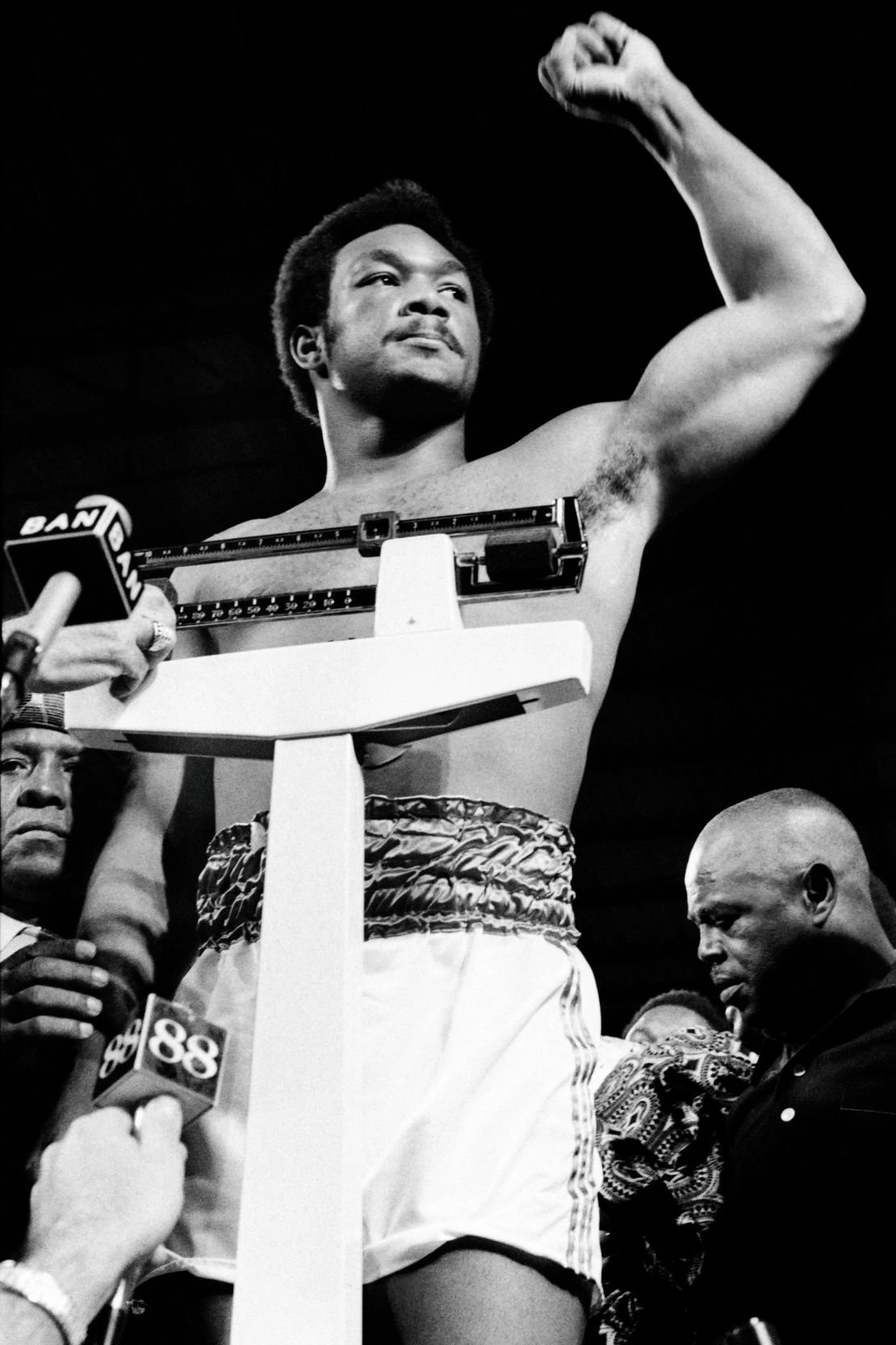 Foreman gestures at weigh-in on October 29, 1974.