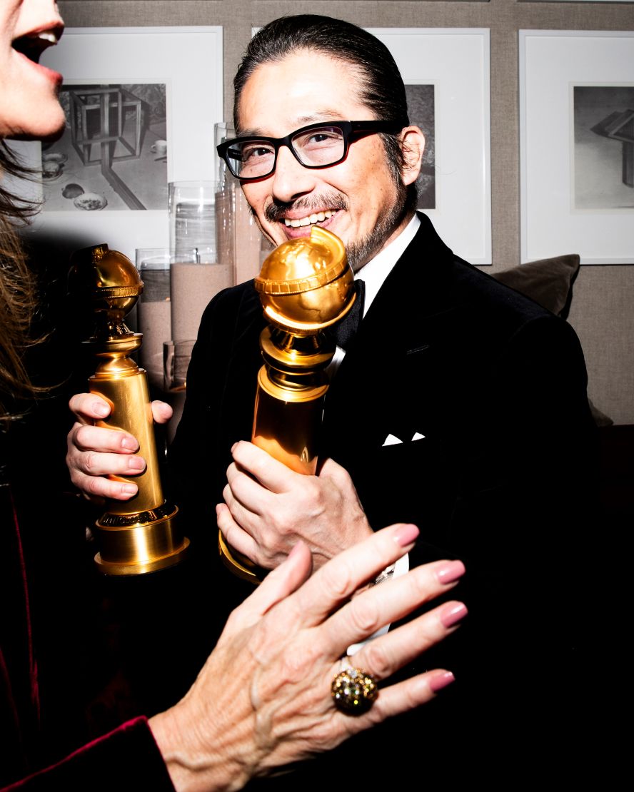 Actor Hiroyuki Sanada holds a couple of <a href="index.php?page=&url=https%3A%2F%2Fwww.cnn.com%2Fentertainment%2Flive-news%2Fgolden-globes-show-01-05-25%2Findex.html">Golden Globe Awards</a> at an afterparty in Beverly Hills, California, on Sunday, January 5. Sanada won the Golden Globe for best male actor in a TV drama (“Shōgun”). “Shōgun” also won the award for best television drama.