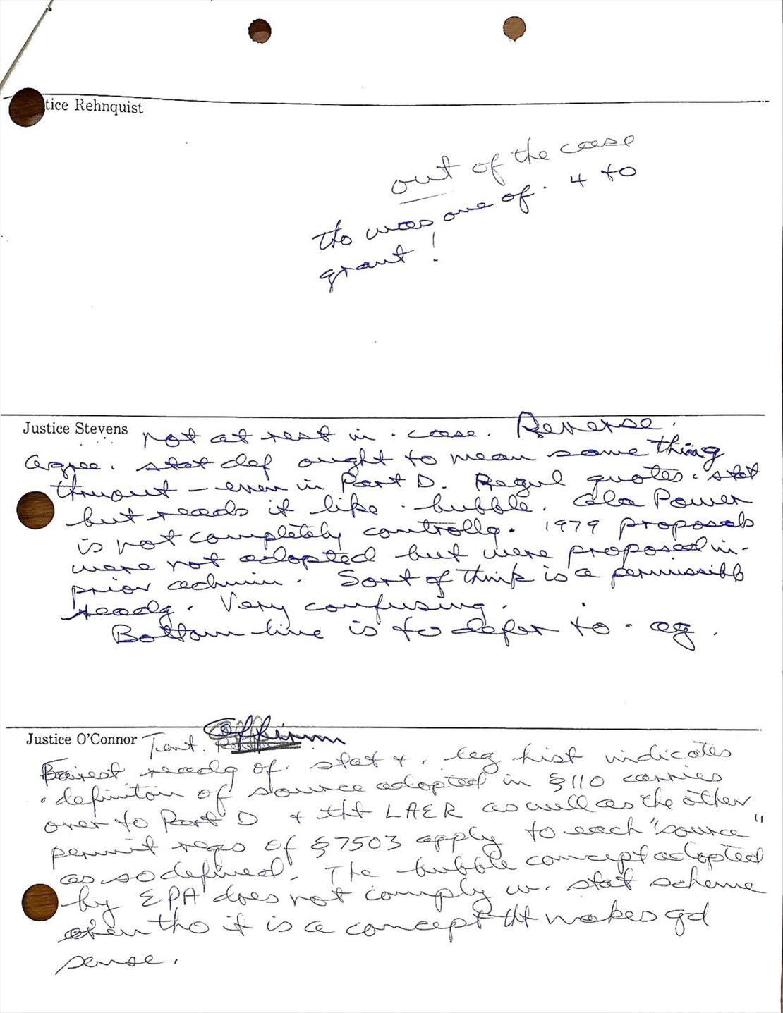 During the private conference, O'Connor appeared irked by the fact that then-associate Justice Rehnquist would not be participating in the case after being one of the few justices who voted to take it.