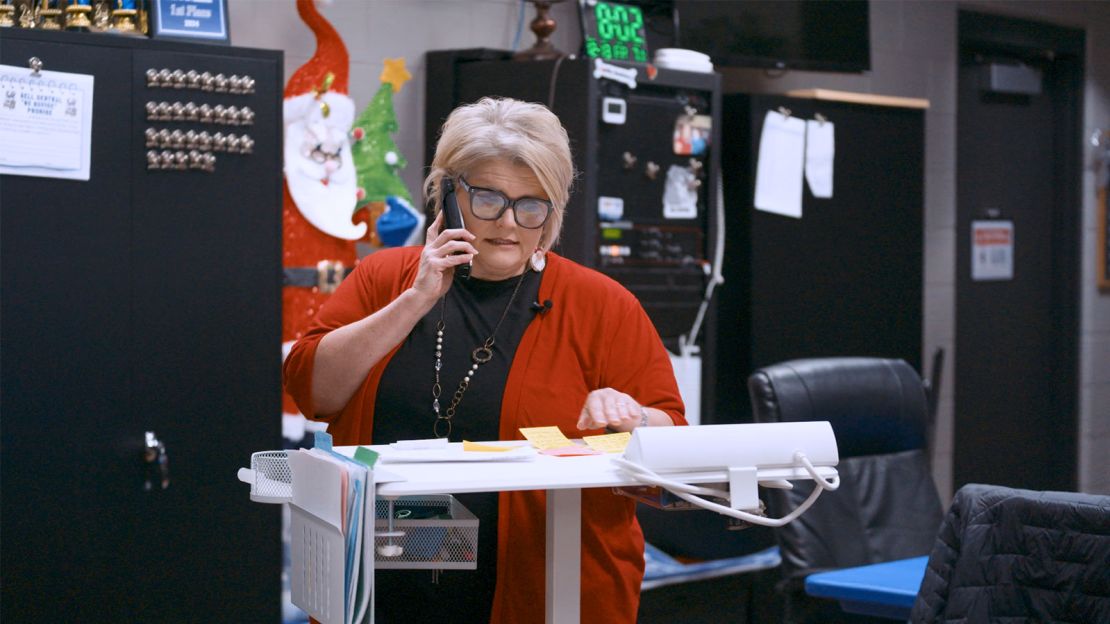 Elementary and middle school principal Jennifer Blankenship delivers daily morning announcements to her students and staff at Bell Central.