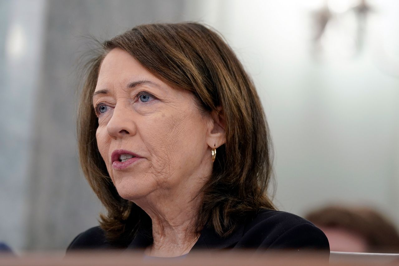 Sen. Maria Cantwell speaks on Capitol Hill in Washington, DC, on October 4, 2023.